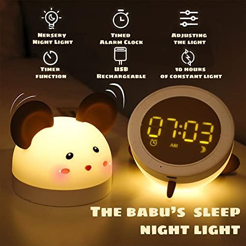 Rat Night Light for Kids 7 Cores Controle Silicone Bursery Lâmpada Nightlight portátil com relógio Lâmpada de decoração de