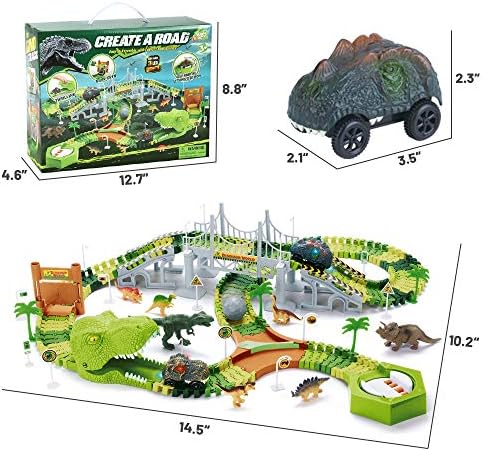 Pista de corrida de brinquedos de dinossauros, pista flexível de 174pcs com 2 carros dino, crie uma corrida de estrada mundial