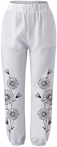 Calças de linho de algodão da Meymia Womens, 2023 Summer Womenm Lightweight Flor Flower Print Smocked Stretch Crop Jopper Pant