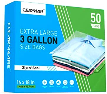 Clearware 50 grandes sacos plásticos com tampa com zíper-sacos de 3 galões 16 x 18, sacos de armazenamento extras grandes para roupas, viagens, movimentação, armazenamento, sacos de congeladores reutilizáveis, sem BPA, 2 mil e de 2 mil saco de plástico transparente