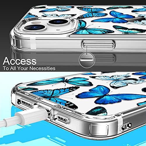 Luhouri iPhone 13 Case com protetor de tela, capa de telefone de moda clara para mulheres meninas, capa de telefone durável e esbelta para iPhone 13 6.1 Borboletas azuis Flor
