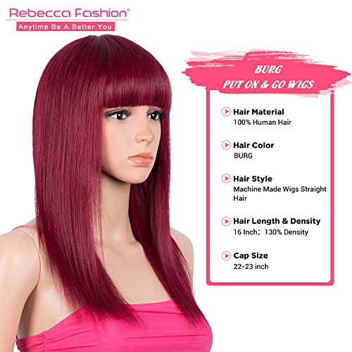 Rebecca Fashion Bordundy Red 14 polegadas de cabelo humano reto com franja perucas de cabelo humano virgem brasileiras