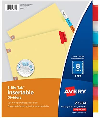 Avery Big Tab Divishers inseráveis, papel de buff, 8 guias multicoloridas, 1 conjunto