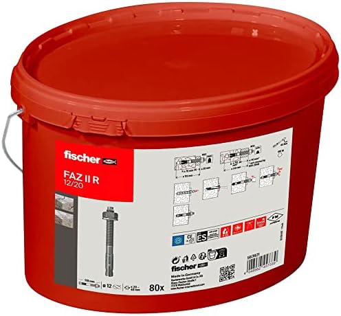 Fischer 563921 12/20 de aço inoxidável parafuso, âncora de aço para as maiores demandas em um balde prático, 80 peças FAZ II, padrão, prata