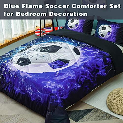 Andicy Soccer Gêmeo Twin, 2 peças Blue Flame Soccer Setter Set Sport Microfiber Bedding para crianças meninos, adolescente