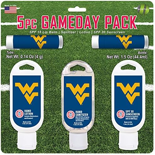 Digno promoção NCAA Montanhistas da Virgínia Ocidental Pacote de 5 peças do dia de jogo com 2 protetores labiais, 1 loção para as mãos,