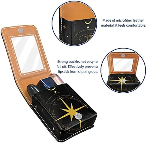 Mini Mini Lipstick Case With Mirror for Purse, Golden Star Compass Night Sky Leather Cosmetic Makeup Solder, segura 3 tubos de tamanho