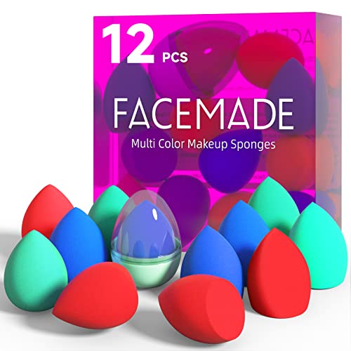 Facemade 12 PCS Makeup Sponge Conjunto e 1 suporte de esponja, esponjas de maquiagem para fundação, conjunto de esponja de beleza, esponjas de rosto para líquido, creme e pó, 3 cores básicas