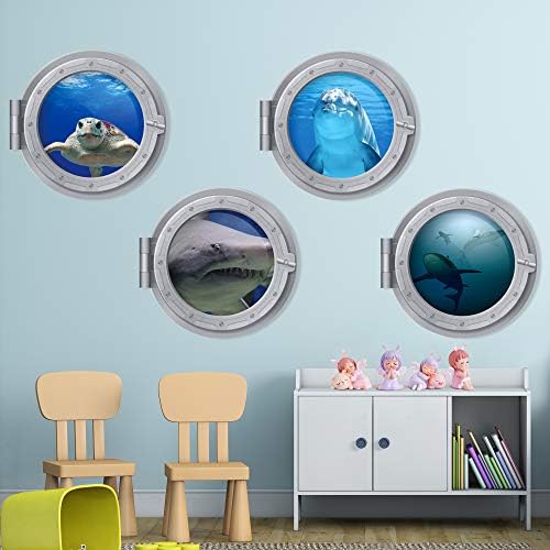 4 PCS removíveis 3D sob o mar Nature Scenery View Decalques de parede Animais Adesivo de parede Decoração de arte de parede para banheiro quarto infantil quarto de berçário incluem tartarugas marinhas golfinhos baleias de tubarão