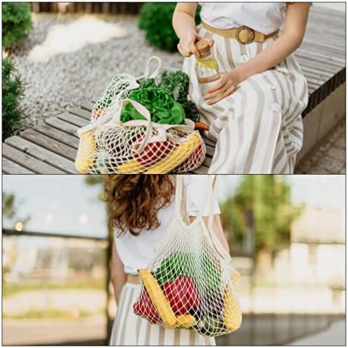 Meccanixity Cotton Mesh Bag, alça longa com manuseio reutilizável lavável malha de malha de malha de barroceraria Sacos de compras organizador para frutas vegetais compras