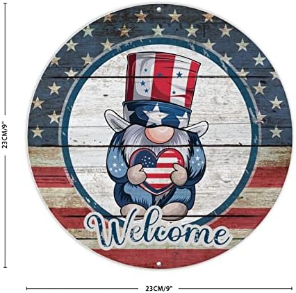 4 de julho bem -vindo gnome redond metal sinalizador independência Dia dos EUA grinaldas de bandeira redonda signo de grinaldas de grinaldas 9 polegadas francês chique redondo lata de lata para escritório porta do escritório jardim de cozinha barra garagem