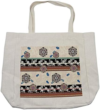 Bolsa de compras floral de Ambesonne, pétalas pontilhadas abstratas e listras orientais horizontais, bolsa reutilizável ecológica para a praia de mantimentos e mais, 15,5 x 14,5, creme