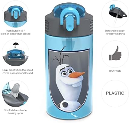 Zak projeta Disney Frozen 2 Kids Water Bottle Set com canudos reutilizáveis ​​e loops de transporte, feitos de aço inoxidável durável e plástico, design de garrafa à prova de vazamentos
