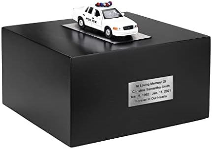 Urna de cremação com réplica de carro selecionada. Táxi preto, policial e muito mais