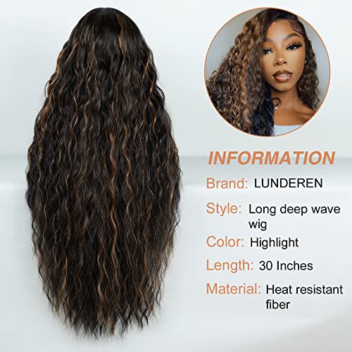 Lunderen Destaque Wig Wig Long Wave Deep Wigs Para Mulheres Negras Longo Destaque Perucas 30 polegadas