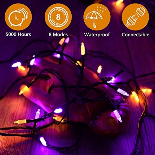 Lomotech Luzes de Halloween roxo laranja, 66 pés Mini Luzes de cordas de Halloween, 200 luzes de Halloween de baixa