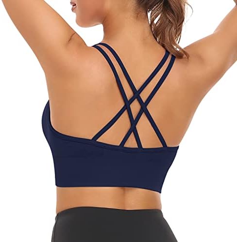 Veqking Women Strappy Sports Bra Cross Back Medium suporta sutiã de ioga acolchoada removível sem costura para o treino de fitness