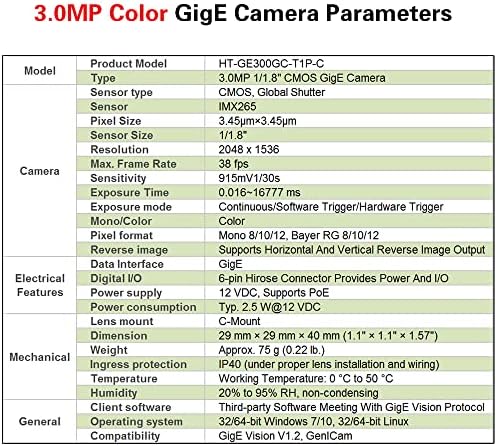 HTENG VISHI GIGE Ethernet 3.0MP 1/1,8 Câmera industrial colorida Visão de máquina Global Obturador CMOS CMOS Camera