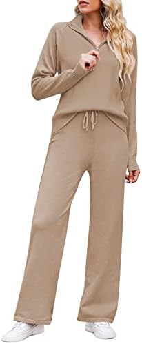 Toleny Casual Ricbed Knit Lounge Conjuntos para mulheres Pullover de meio zíper e roupas de traje de calça de cordão