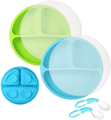 Placas de sucção Anturebay para bebês, pratos de siliconetoddler, pratos de bebê divididos, lava -louças e amigáveis ​​para microondas, pratos infantis de silicone com grau alimentar com garfo de colher