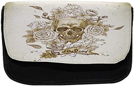 Caixa de lápis de caveira lunarável, dia das rosas mortas mexicanas, bolsa de lápis de caneta com zíper duplo, 8,5 x 5,5, bege
