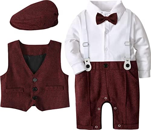 A&J Design Baby Boys Roupet Set, 3pcs Gentleman Romper & Vest & Borets Hat