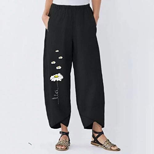 Calça de linho de algodão Capri Pants Womens Summer Casual Capri Pants com bolsos Alta cintura calça de praia Floral Harem Flory