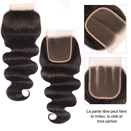 UNICE CABELO 4X4 Fechamento de renda Free Parte com 3 pacotes ondas corporais brasileiras Remy REAL Human Human Weaves