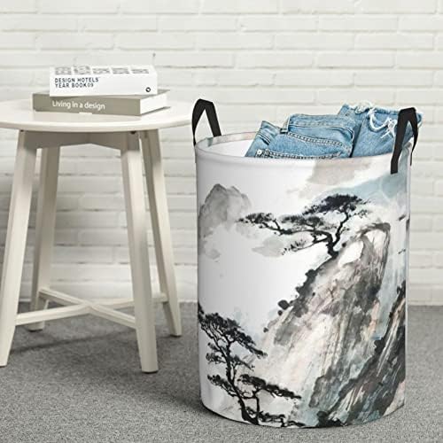 Impressão de mountain e pinheiro impressão de lavanderia grande com alça de alça de alça, à prova de água cesto para o quarto, o banheiro médio