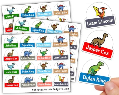 Etiquetas de nomes de dinossauros personalizados fofos | 16-128 PCs | Creche para crianças e suprimentos escolares perfeitos para crianças rótulos de etiquetas | Pacote de etiqueta de nome para crianças personalizadas - Propertente à prova d'água