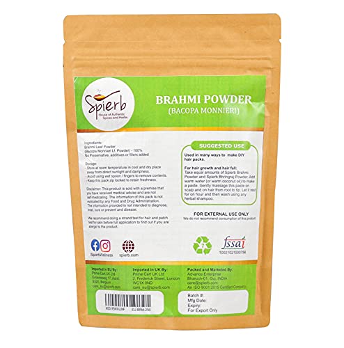 Spierb Brahmi Powder - 250gm - Chemical Livre Natural Free Brahmi Powder para crescimento de cabelo, cuidados com o cabelo e máscara capilar | Bacopa Monnieri Pó de folha - Bramhi / Bhrami em pó para fortalecer o cabelo