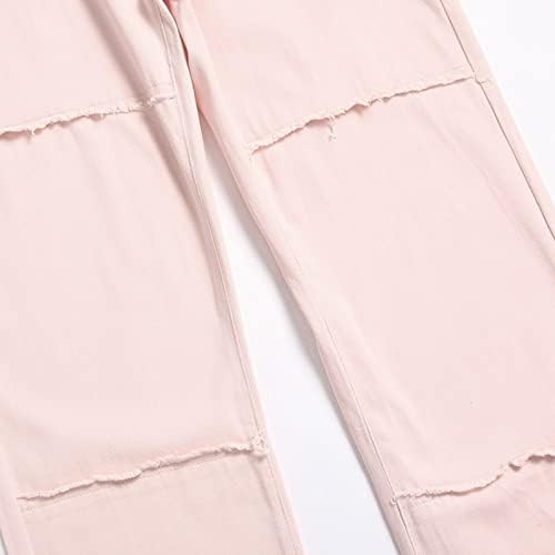 Miashui Bell Bottoms for Women feminino cor rosa de cor sólida cinto mid Stretch jeans jeans soltos calças de jeans altas para