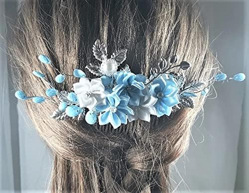 Pente de cabelo de flor branco azul pálido, folhas prateadas, trepadeiras de miçangas azuis, pente de cabelo prateado,