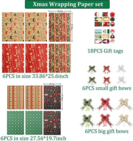 Pinterelaland 12 folhas de papel de embrulho de Natal com arcos de presente de 12 pcs e adesivos de etiqueta de presente - Vintage