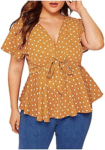 Blouses de tamanho grande para mulheres de manga curta camisa de verão bolinhas de bolinhas de nó front de túnica de pescoço profundo