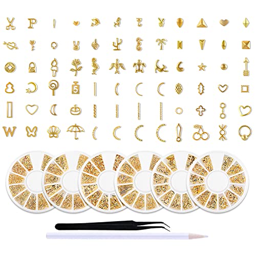 Wokoto 6 caixas encharm charmos de unhas douradas para acrílico unhas designs amotas