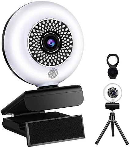 2K Streaming webcam com luz de anel e microfone, Full HD AutoFocus USB Webcam 30FPS Plug and Play com capa de privacidade, tripé para YouTube, Skype, Zoom, Twitch e Chamada de Vídeo