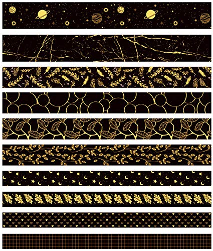 10Rolls Washi Tape Set, fita de máscara decorativa floral de folha de ouro preto Conjuntos de fitas de mascaramento para artesanato, crianças, scrapbook, DIY, embrulho de presentes