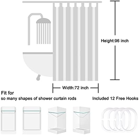 Cortina de chuveiro listrada preta e branca punkray para banheiro com ganchos, cortina de chuveiro conjunto de 96