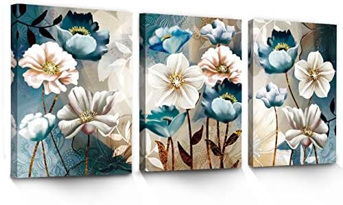 SERIMINO 3 peças Arte de parede de lona de flor de lótus para sala de estar branca e índigo azul floral decoração de parede para