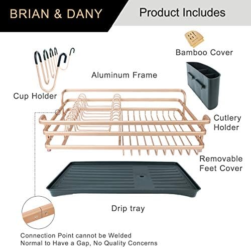 Brian & Dany Alumínio Dreneador de pratos, rack de secagem de pratos com talheres removíveis e suporte de copo, placa de drenagem exclusiva de bico de 360 ​​°, ouro, ouro