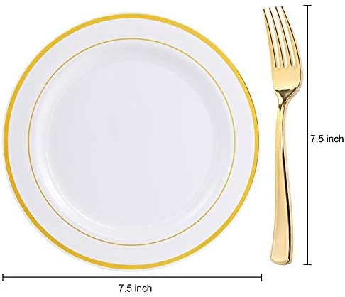 I00000 72 peças Placas de sobremesa de ouro 7,5 com 72 peças Gold Plástico Forks 7.4, branco pesado com aro dourado plástico,