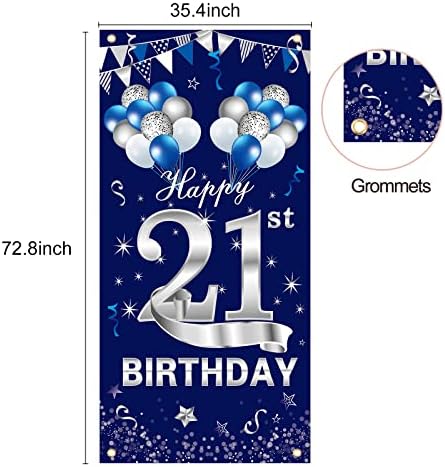 Blue Silver 21st Birthday Door Banner Decorações, Feliz 21 de aniversariante capa de capa da porta de festas para meninos, doces