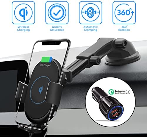 Tovo Wireless Car Mount Charger, carregamento rápido, pinça automática, Q-equipado, ventilação de ar, copo de sucção para pára-brisa, carregador de telefone com adaptador CA