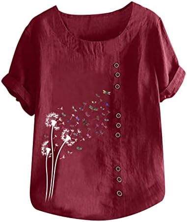 Crewneck de linho de manga curta Botão gráfico do pescoço para baixo para cima camisa de blusa de brunch para feminino Camiseta