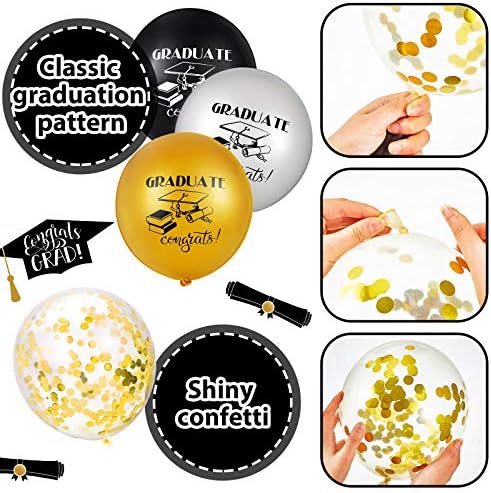 48 peças Balões de látex de formatura Balões de ouro preto e prata e balões de confete de ouro 2022 Bouquet de balons