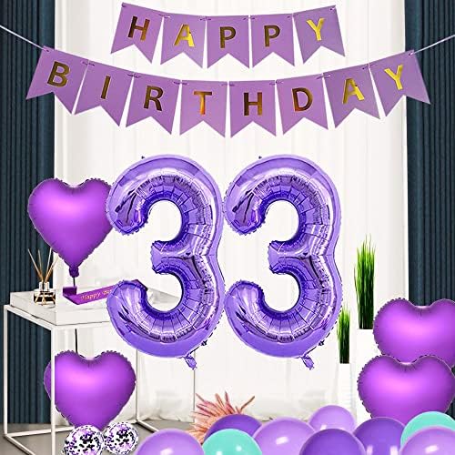 Purple 33rd Birthday Party Decorations Supplies Theme Purple Tema Feliz Aniversário Sash 40 polegadas Balões de papel alumínio Número 33 Balões de folha de coração Cortinas roxas Risehy