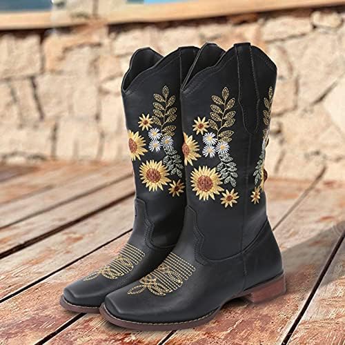 Botas para mulheres vintage bordadas botas ocidentais botas de cowboy boots girassol de motocicleta de vaca para mulheres botas
