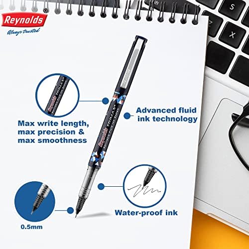 Reynolds Trimax Black - 5 Counti Pen de rolo leve com uma aderência confortável para escrita mais suave I Escola e escritório de papelaria | Tamanho da ponta de 0,5 mm