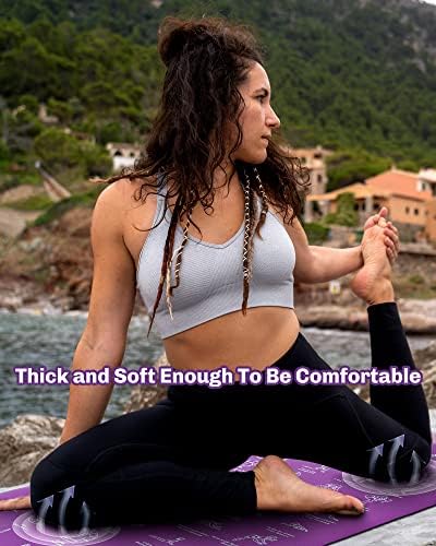 Tapete de ioga instrucional com 75 poses impressas nele, tapete de ioga de viagens de 6 mm com bolsa para mulheres e homens, 1/4 polegada de espessura extra grossa, roxa e azul